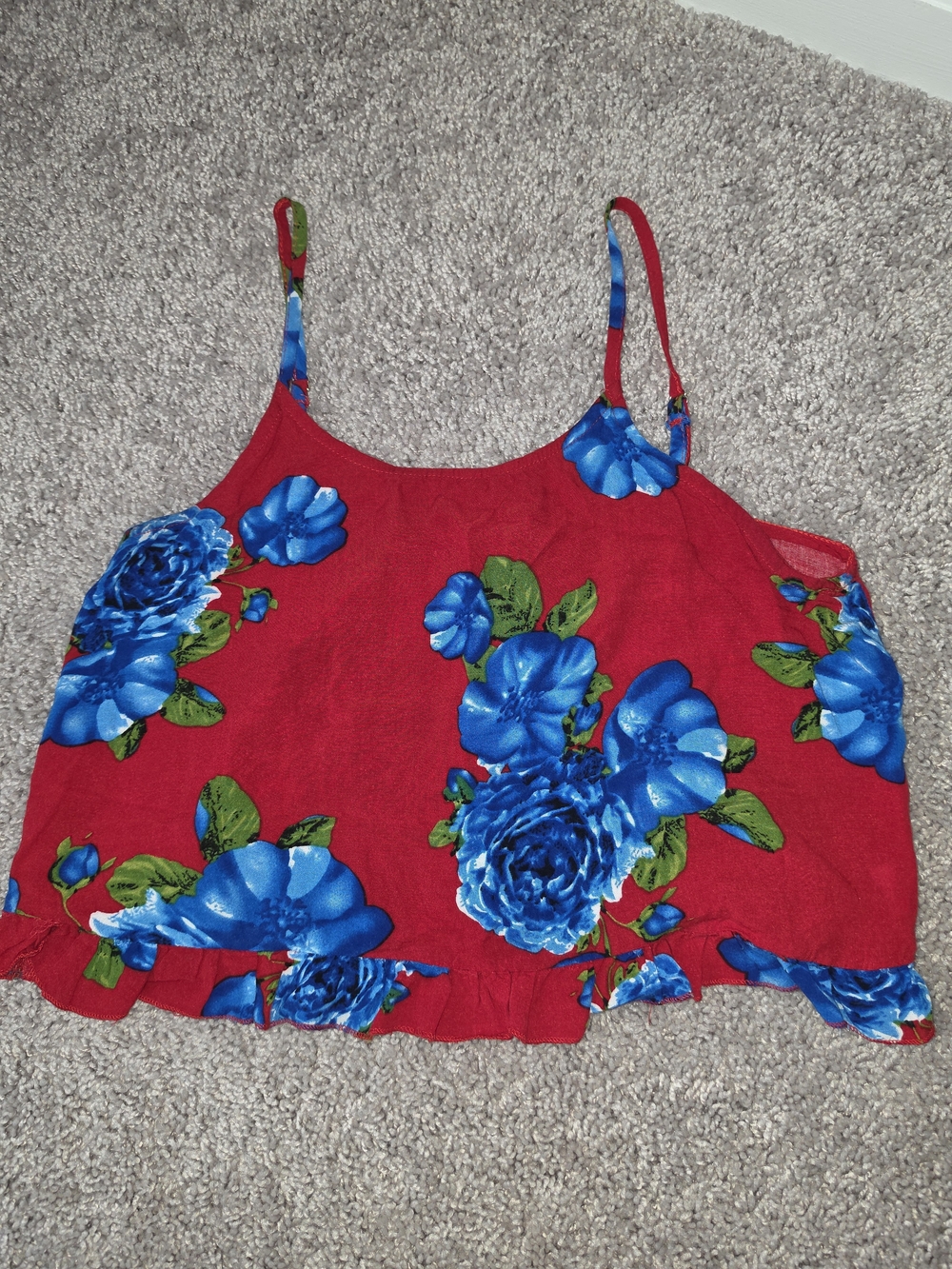 love J Red Crop Tank Top with Blue Floral Print